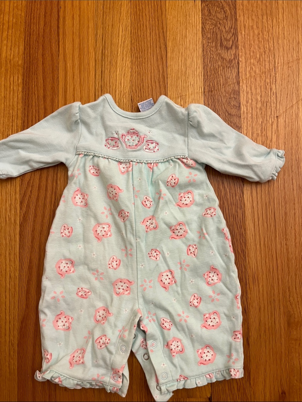 Miniwear Mint Romper with Pink Teacup Print